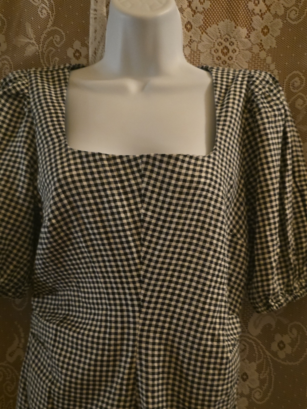 New A New Day Women's 4 Black White Gingham Check Puff-Sleeve Square-Neck Dress - Picture 2 of 9